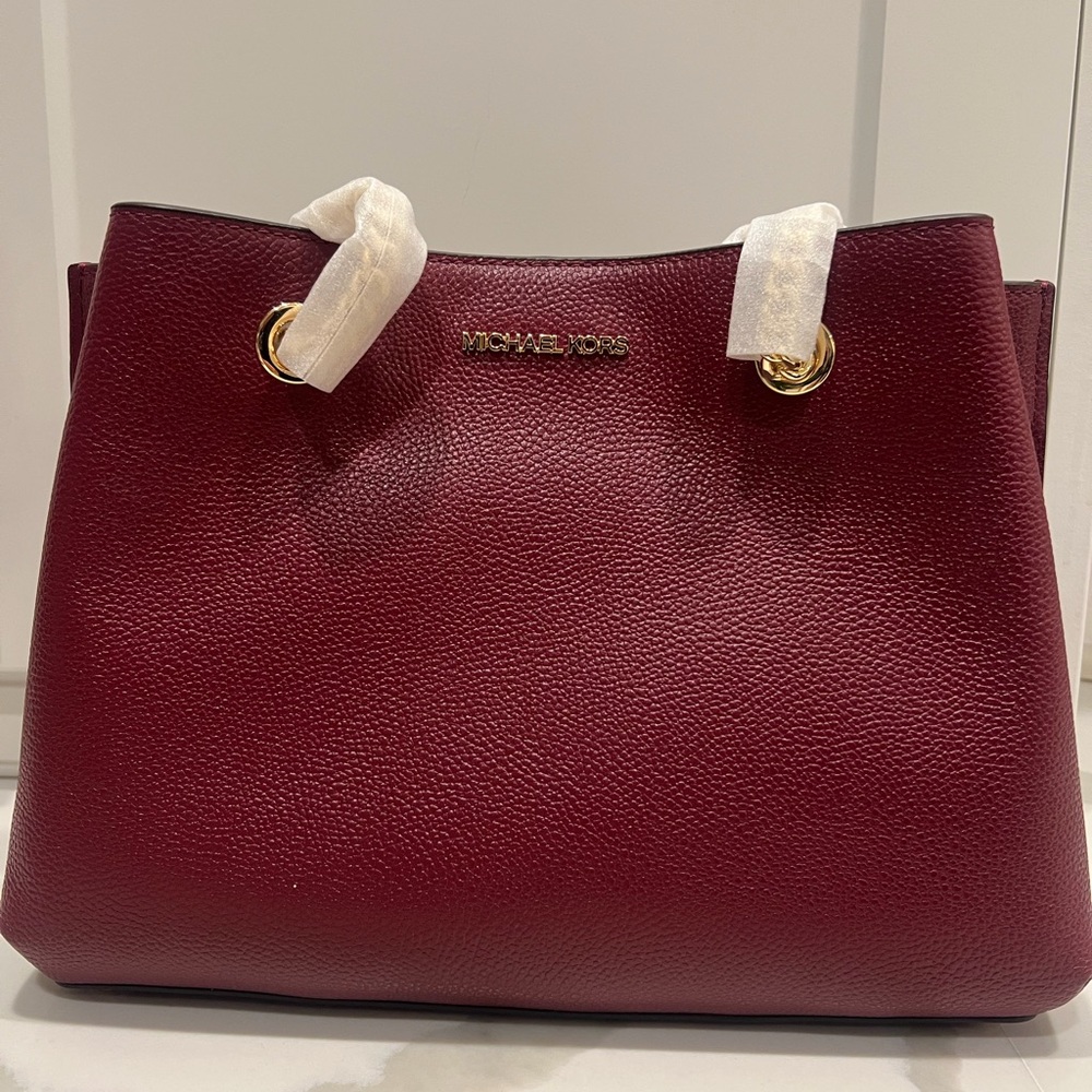Michael Kors Dark Cherry Pebble Leather Shoulder Bag Gold Chain Strap